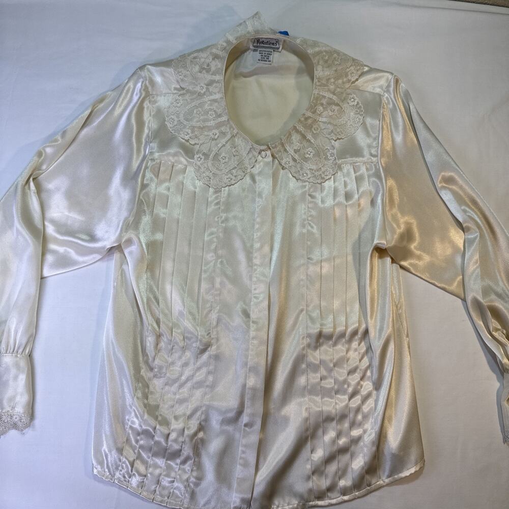 Y2K Ivory Satin Lace Blouse Womens 14 Romantic Coquette Pearl Buttons READ